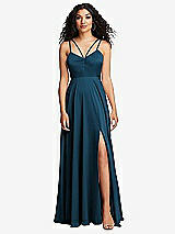 Front View Thumbnail - Atlantic Blue Dual Strap V-Neck Lace-Up Open-Back Maxi Dress