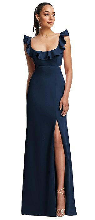 Ruffle-Trimmed Neckline Cutout Tie-Back Trumpet Gown