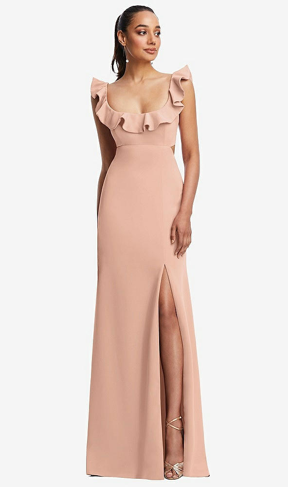 Front View - Pale Peach Ruffle-Trimmed Neckline Cutout Tie-Back Trumpet Gown