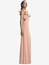 Side View Thumbnail - Pale Peach Ruffle-Trimmed Neckline Cutout Tie-Back Trumpet Gown