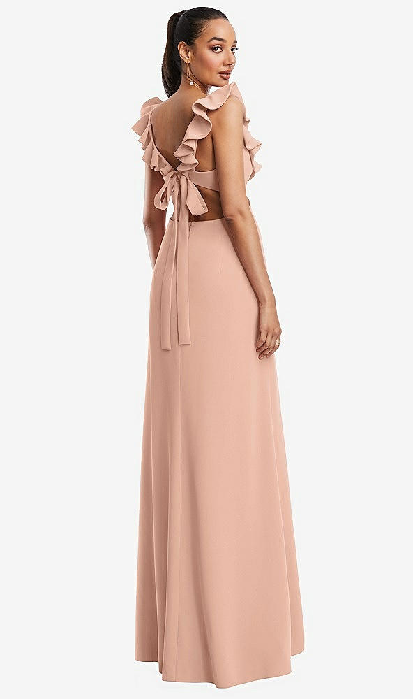 Back View - Pale Peach Ruffle-Trimmed Neckline Cutout Tie-Back Trumpet Gown