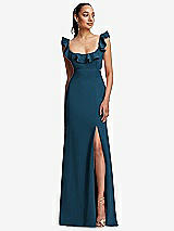 Front View Thumbnail - Atlantic Blue Ruffle-Trimmed Neckline Cutout Tie-Back Trumpet Gown