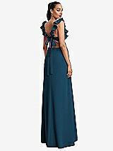 Rear View Thumbnail - Atlantic Blue Ruffle-Trimmed Neckline Cutout Tie-Back Trumpet Gown