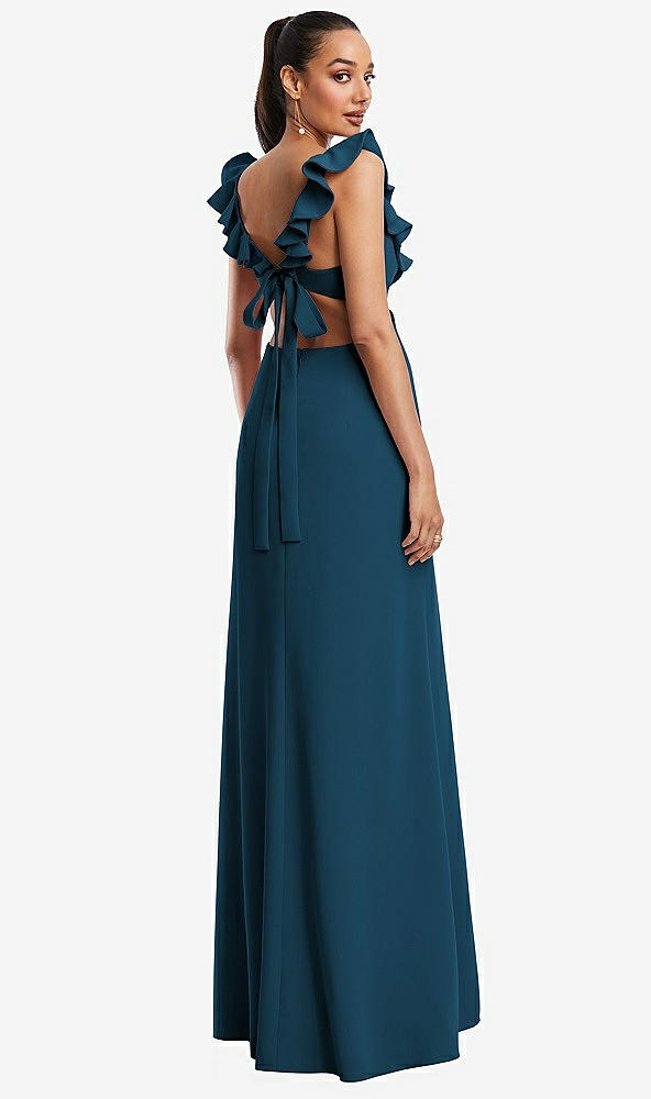 Back View - Atlantic Blue Ruffle-Trimmed Neckline Cutout Tie-Back Trumpet Gown