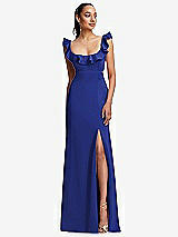 Front View Thumbnail - Cobalt Blue Ruffle-Trimmed Neckline Cutout Tie-Back Trumpet Gown