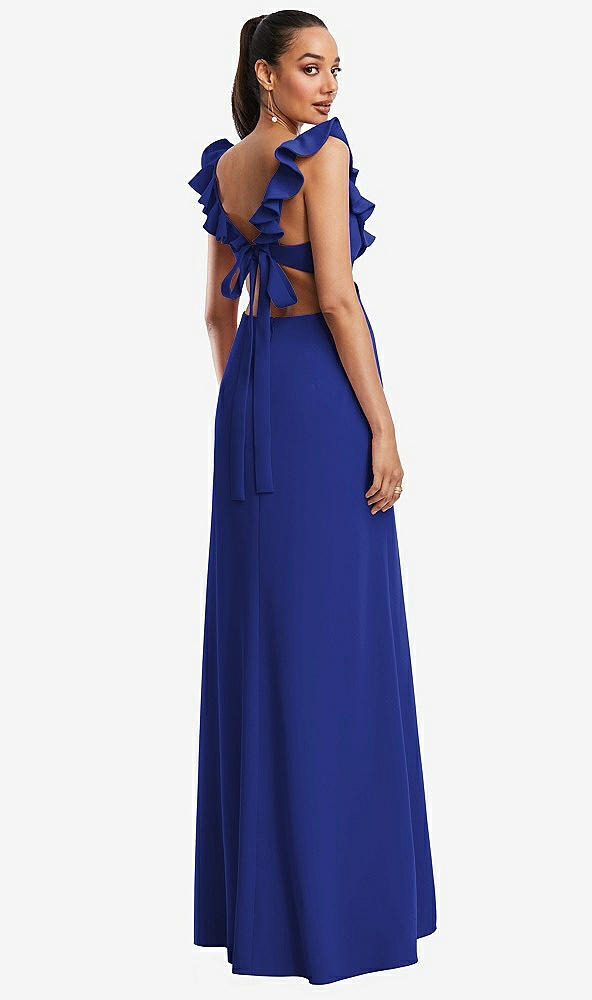 Back View - Cobalt Blue Ruffle-Trimmed Neckline Cutout Tie-Back Trumpet Gown