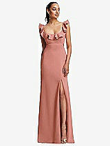 Front View Thumbnail - Desert Rose Ruffle-Trimmed Neckline Cutout Tie-Back Trumpet Gown