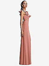 Side View Thumbnail - Desert Rose Ruffle-Trimmed Neckline Cutout Tie-Back Trumpet Gown