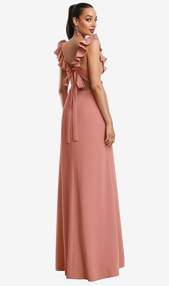 Back View - Desert Rose Ruffle-Trimmed Neckline Cutout Tie-Back Trumpet Gown