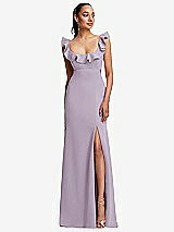 Front View Thumbnail - Lilac Haze Ruffle-Trimmed Neckline Cutout Tie-Back Trumpet Gown