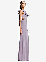 Side View Thumbnail - Lilac Haze Ruffle-Trimmed Neckline Cutout Tie-Back Trumpet Gown