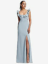 Front View Thumbnail - Mist Ruffle-Trimmed Neckline Cutout Tie-Back Trumpet Gown