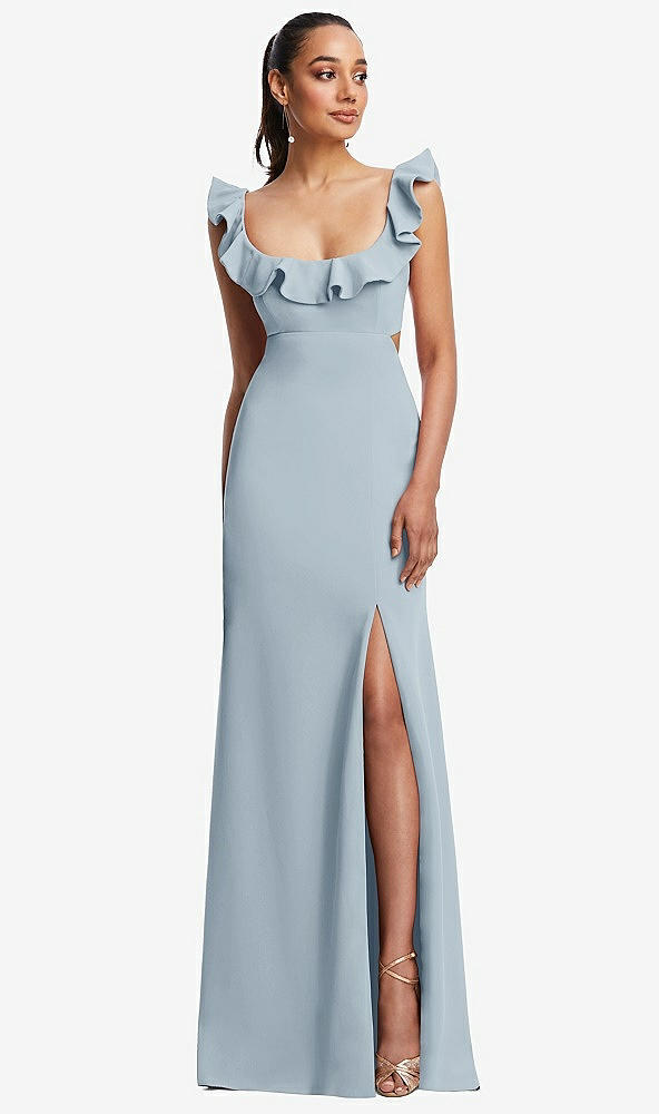 Front View - Mist Ruffle-Trimmed Neckline Cutout Tie-Back Trumpet Gown