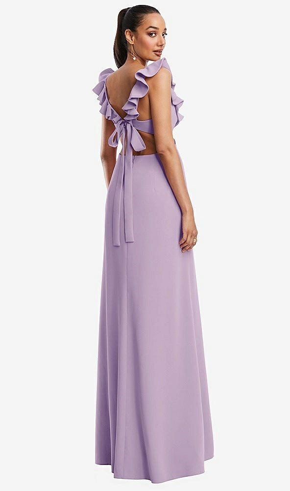 Back View - Pale Purple Ruffle-Trimmed Neckline Cutout Tie-Back Trumpet Gown