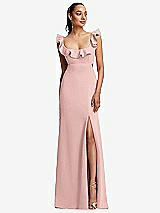 Front View Thumbnail - Rose - PANTONE Rose Quartz Ruffle-Trimmed Neckline Cutout Tie-Back Trumpet Gown