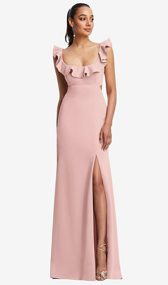 Front View - Rose - PANTONE Rose Quartz Ruffle-Trimmed Neckline Cutout Tie-Back Trumpet Gown