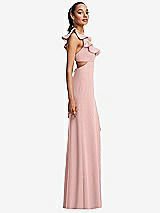 Side View Thumbnail - Rose - PANTONE Rose Quartz Ruffle-Trimmed Neckline Cutout Tie-Back Trumpet Gown