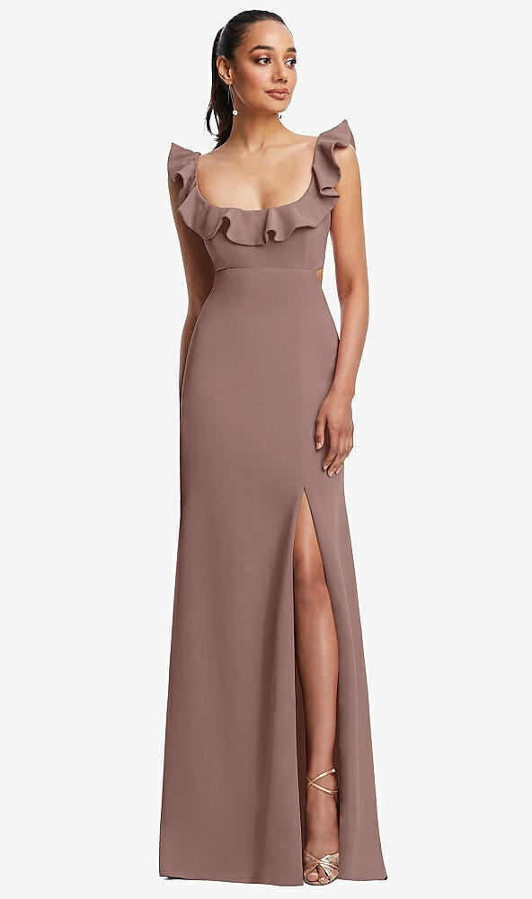 Front View - Sienna Ruffle-Trimmed Neckline Cutout Tie-Back Trumpet Gown