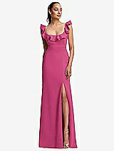 Front View Thumbnail - Tea Rose Ruffle-Trimmed Neckline Cutout Tie-Back Trumpet Gown