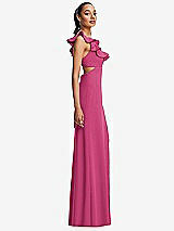 Side View Thumbnail - Tea Rose Ruffle-Trimmed Neckline Cutout Tie-Back Trumpet Gown