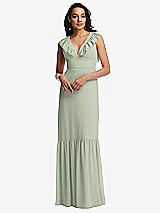 Front View Thumbnail - Celadon Tiered Ruffle Plunge Neck Open-Back Maxi Dress with Deep Ruffle Skirt