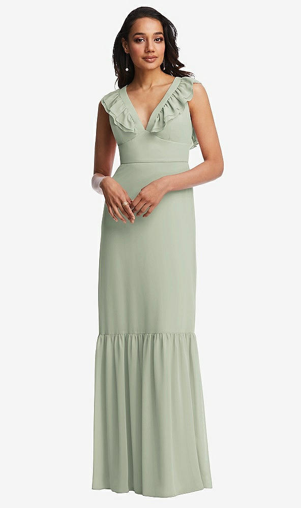 Front View - Celadon Tiered Ruffle Plunge Neck Open-Back Maxi Dress with Deep Ruffle Skirt