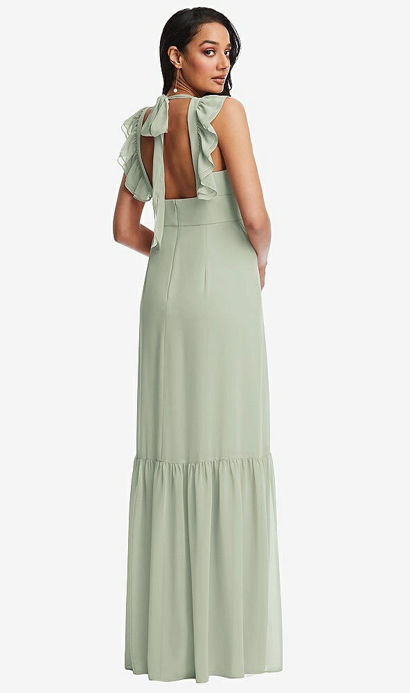 Back View - Celadon Tiered Ruffle Plunge Neck Open-Back Maxi Dress with Deep Ruffle Skirt