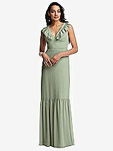 Front View Thumbnail - Sage Tiered Ruffle Plunge Neck Open-Back Maxi Dress with Deep Ruffle Skirt