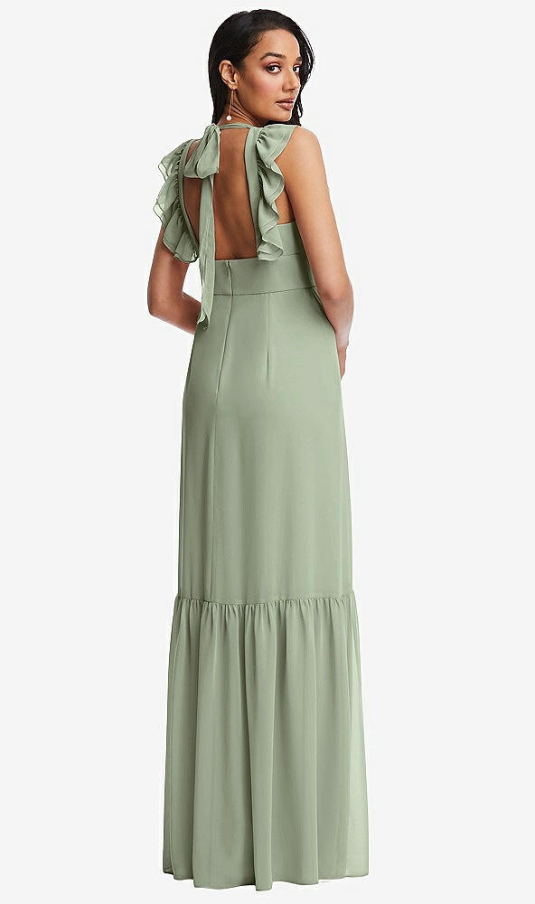 Back View - Sage Tiered Ruffle Plunge Neck Open-Back Maxi Dress with Deep Ruffle Skirt