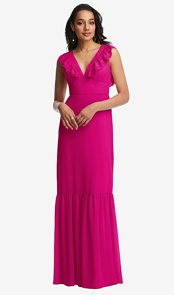 Front View - Think Pink Tiered Ruffle Plunge Neck Open-Back Maxi Dress with Deep Ruffle Skirt