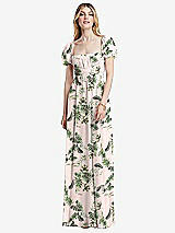 Front View Thumbnail - Palm Beach Print Regency Empire Waist Puff Sleeve Chiffon Maxi Dress