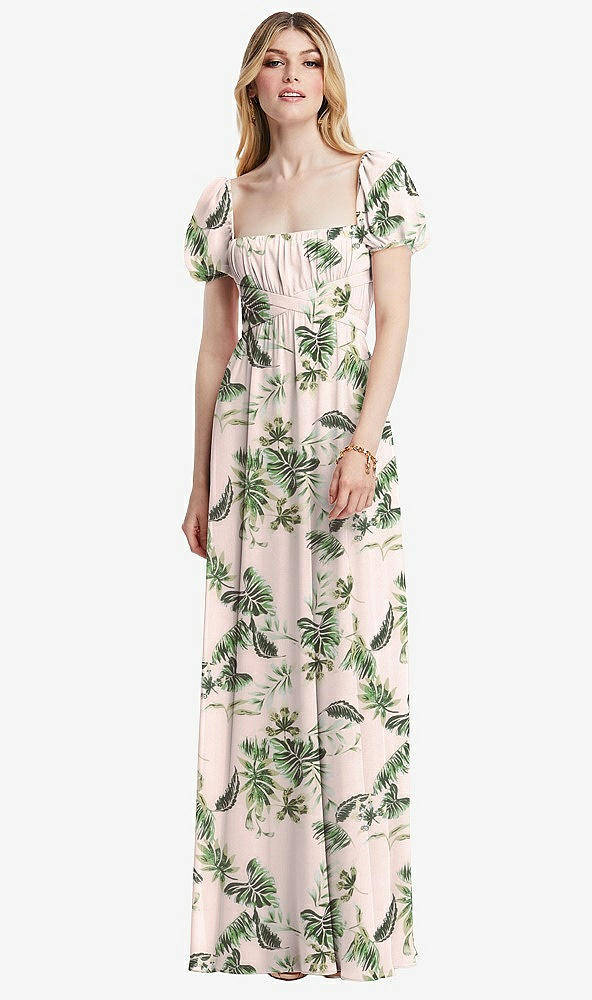 Front View - Palm Beach Print Regency Empire Waist Puff Sleeve Chiffon Maxi Dress