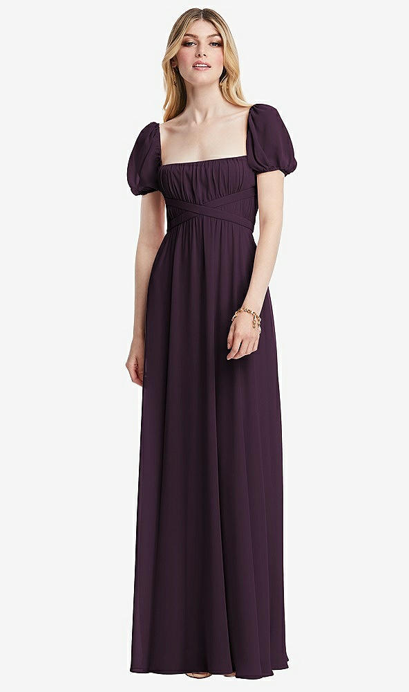 Front View - Aubergine Regency Empire Waist Puff Sleeve Chiffon Maxi Dress