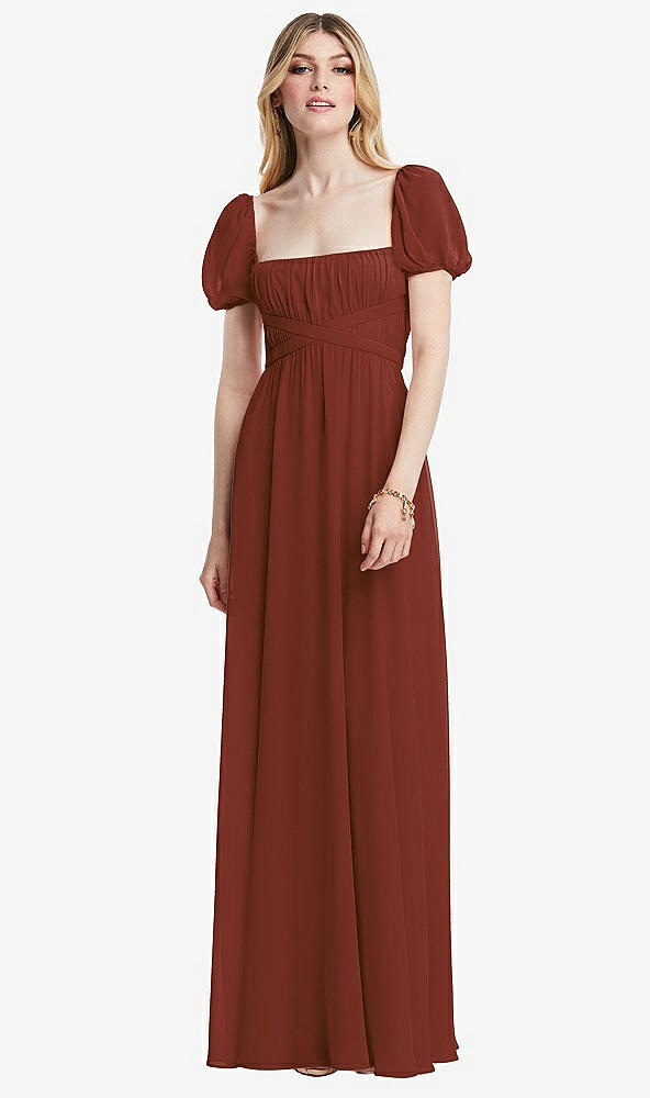 Front View - Auburn Moon Regency Empire Waist Puff Sleeve Chiffon Maxi Dress