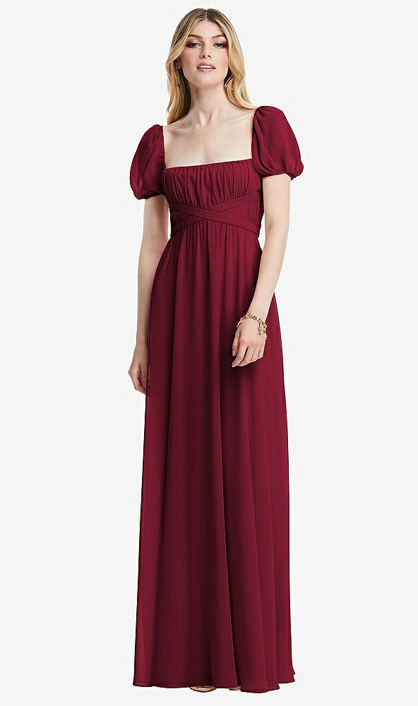 Front View - Burgundy Regency Empire Waist Puff Sleeve Chiffon Maxi Dress