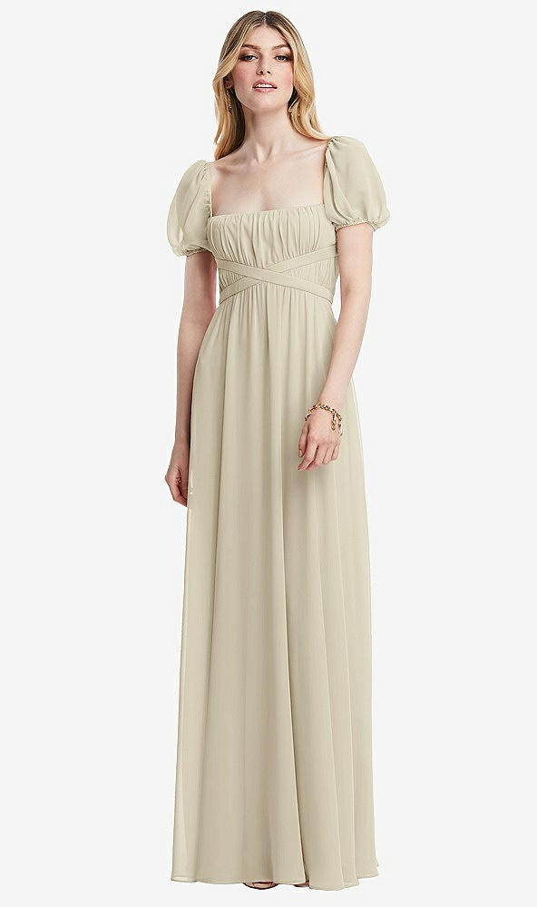 Front View - Champagne Regency Empire Waist Puff Sleeve Chiffon Maxi Dress