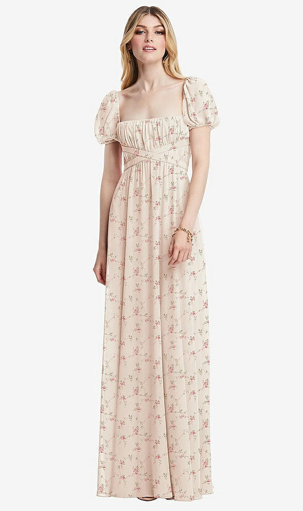 Front View - Coquette Floral Print Regency Empire Waist Puff Sleeve Chiffon Maxi Dress