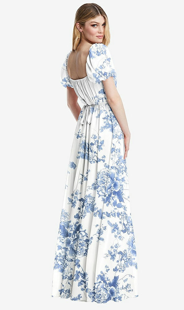 Back View - Cottage Rose Dusk Blue Regency Empire Waist Puff Sleeve Chiffon Maxi Dress