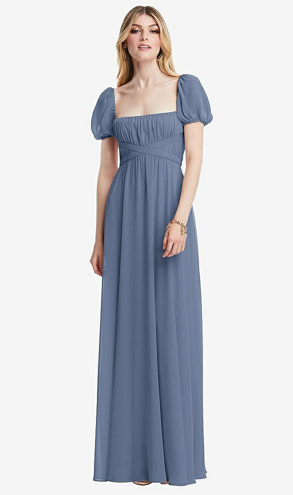 Front View - Larkspur Blue Regency Empire Waist Puff Sleeve Chiffon Maxi Dress