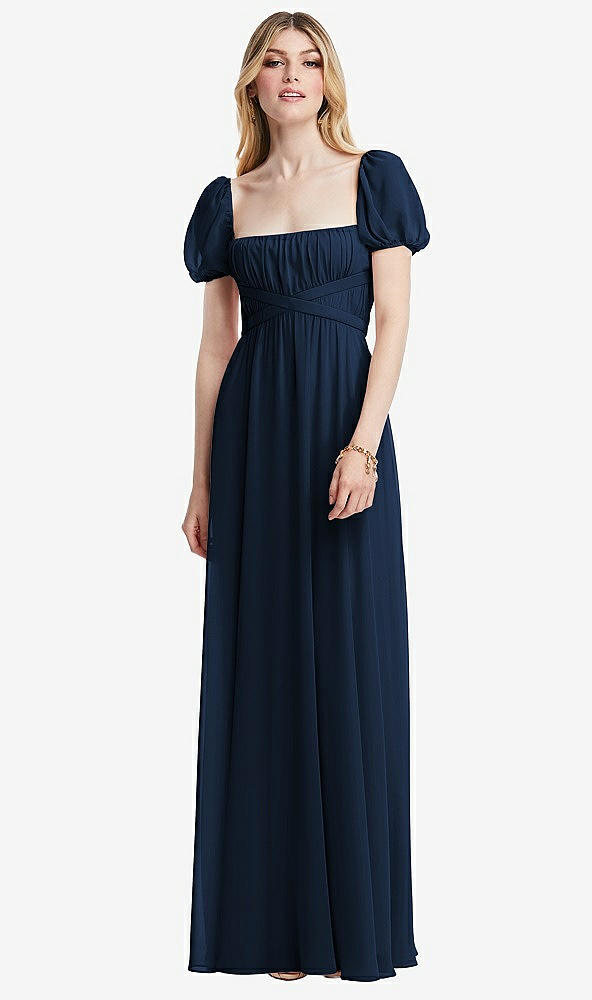 Front View - Midnight Navy Regency Empire Waist Puff Sleeve Chiffon Maxi Dress