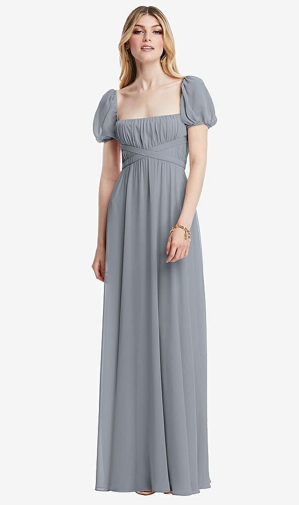 Front View - Platinum Regency Empire Waist Puff Sleeve Chiffon Maxi Dress