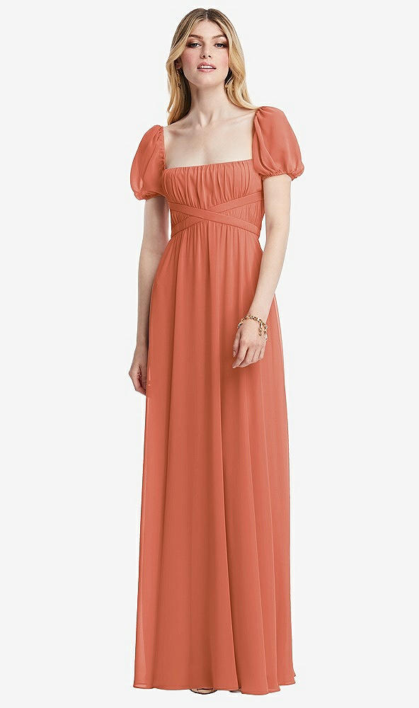 Front View - Terracotta Copper Regency Empire Waist Puff Sleeve Chiffon Maxi Dress