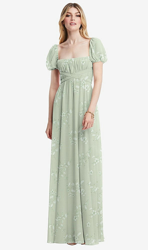 Front View - Vintage Primrose Sage Regency Empire Waist Puff Sleeve Chiffon Maxi Dress