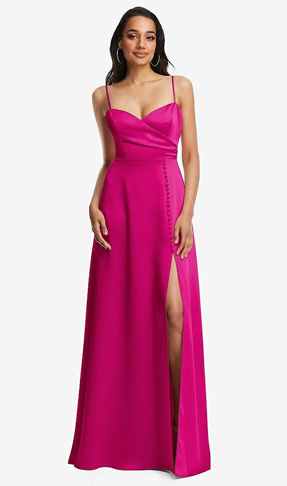 Front View - Think Pink Adjustable Strap Faux Wrap Maxi Dress with Covered Button Details