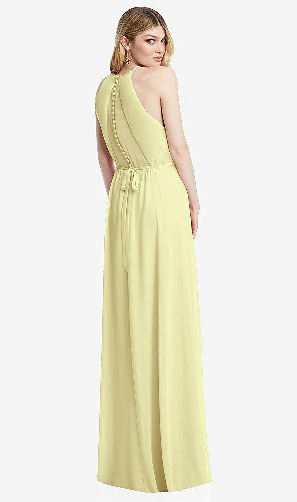 Back View - Butter Yellow Illusion Back Halter Maxi Dress with Covered Button Detail