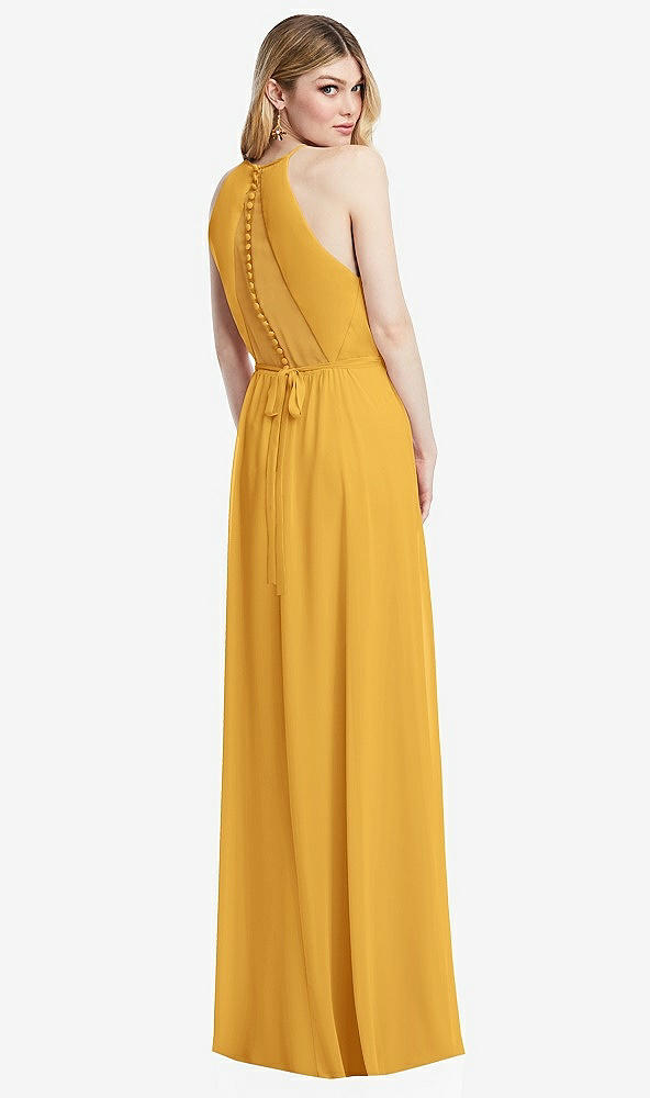 Back View - NYC Yellow Illusion Back Halter Maxi Dress with Covered Button Detail