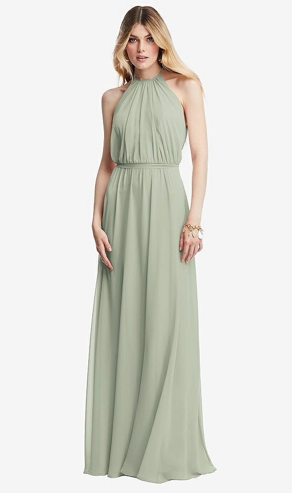 Front View - Celadon Illusion Back Halter Maxi Dress with Covered Button Detail