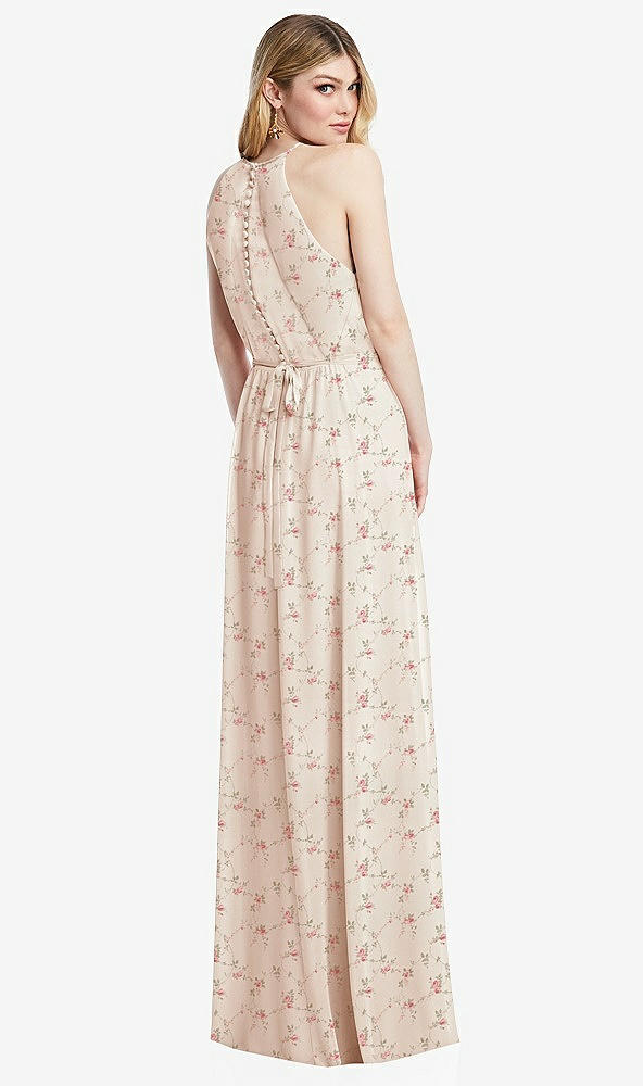 Back View - Coquette Floral Print Illusion Back Halter Maxi Dress with Covered Button Detail