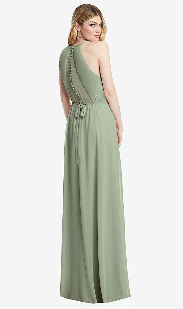 Back View - Sage Illusion Back Halter Maxi Dress with Covered Button Detail