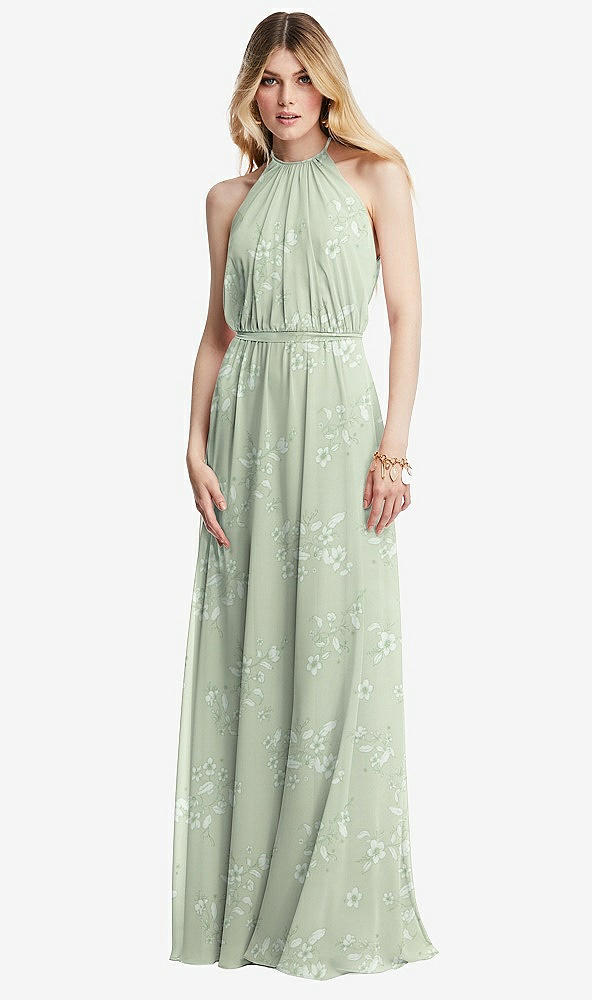 Front View - Vintage Primrose Sage Illusion Back Halter Maxi Dress with Covered Button Detail